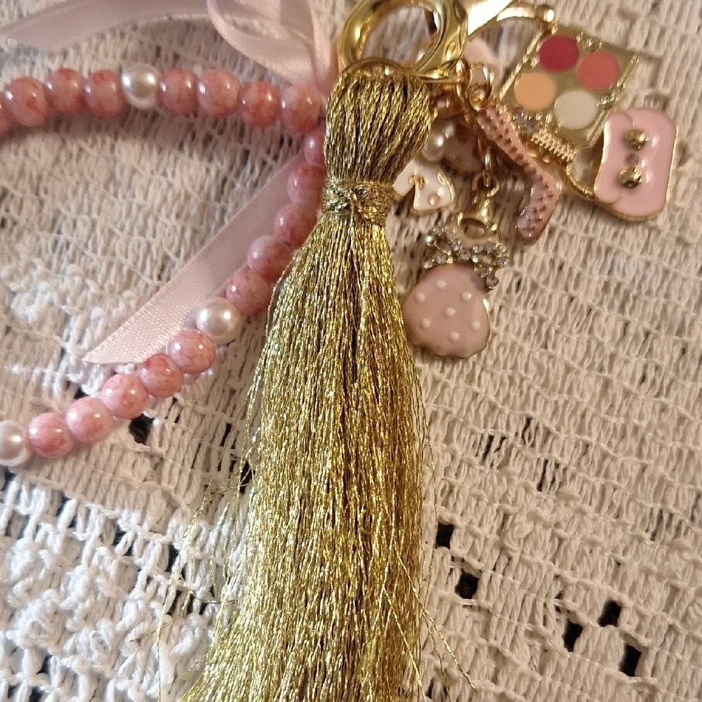 Feminine Charms Gold and Pink Beaded Keychain/Handbag Charm/Backpack Charm.